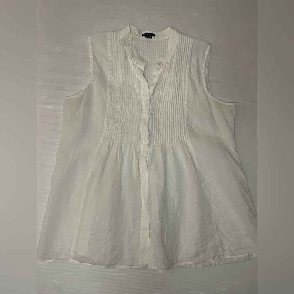 Theory White Pintuck Sleeveless Blouse Button Front Collared 100% Ramie Size L